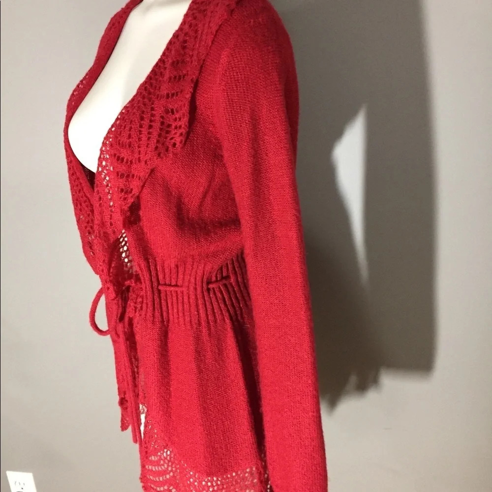 Elle Red Sweater With Crochet Lace edges and Tie Front XS - Picture 4 of 10